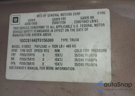 1996 Chevrolet S Truck S10 from USA, damaged, VIN 1GCCS1442T8156380